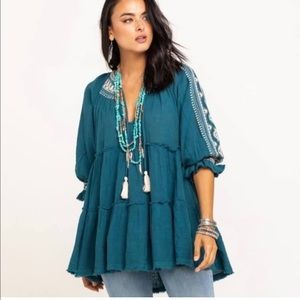 Free People Dreamweaver Embroidered Tunic Top in Teal Combo Size Medium Boho